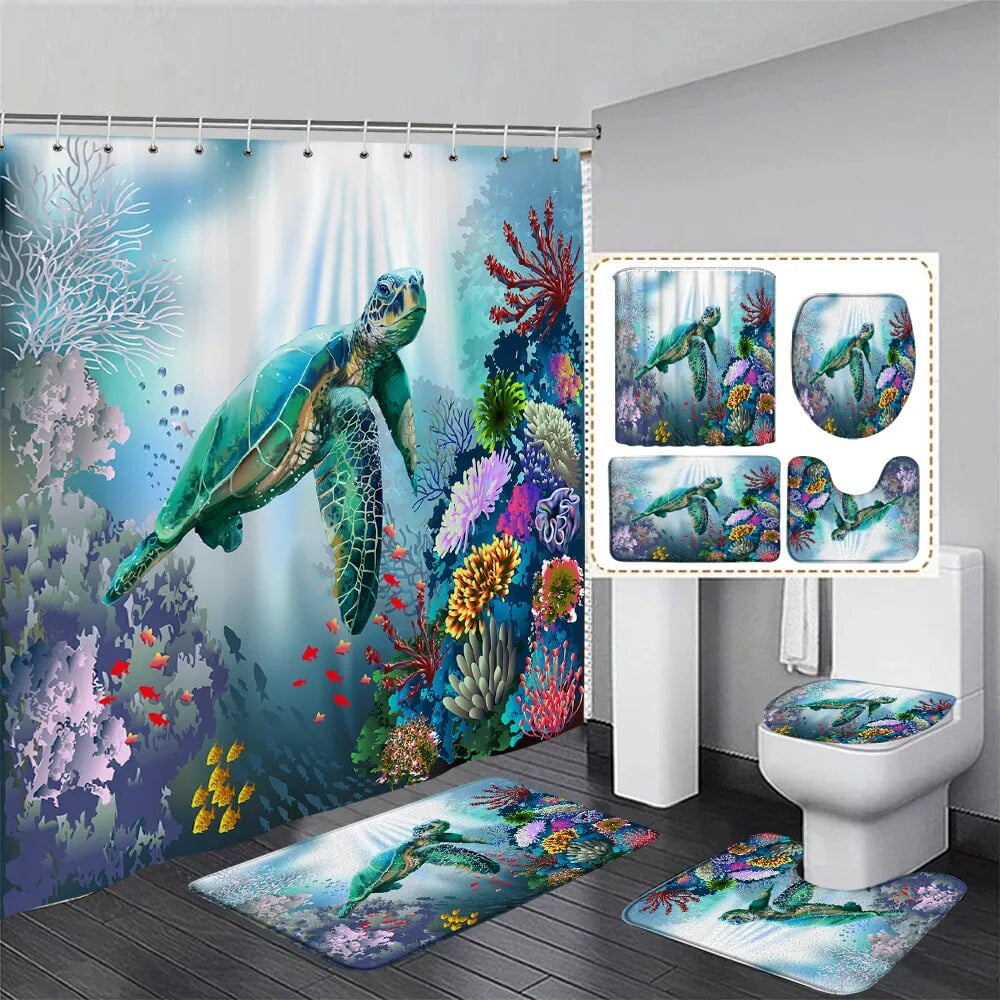 Ocean Animal Shower Curtain Set Sea Turtle Octopus Seahorse Fish
