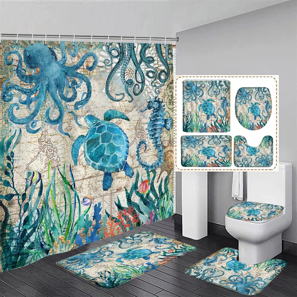 Ocean Animal Shower Curtain Set Sea Turtle Octopus Seahorse Fish