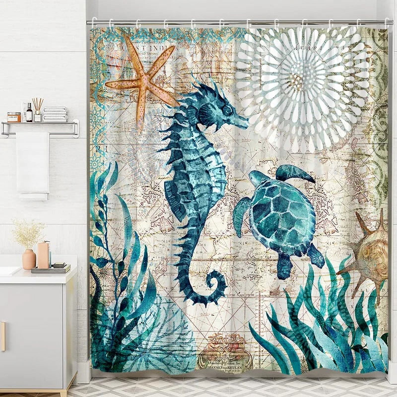 Ocean Animal Shower Curtain Undersea Sea Turtle Seahorse StarCoral Fish