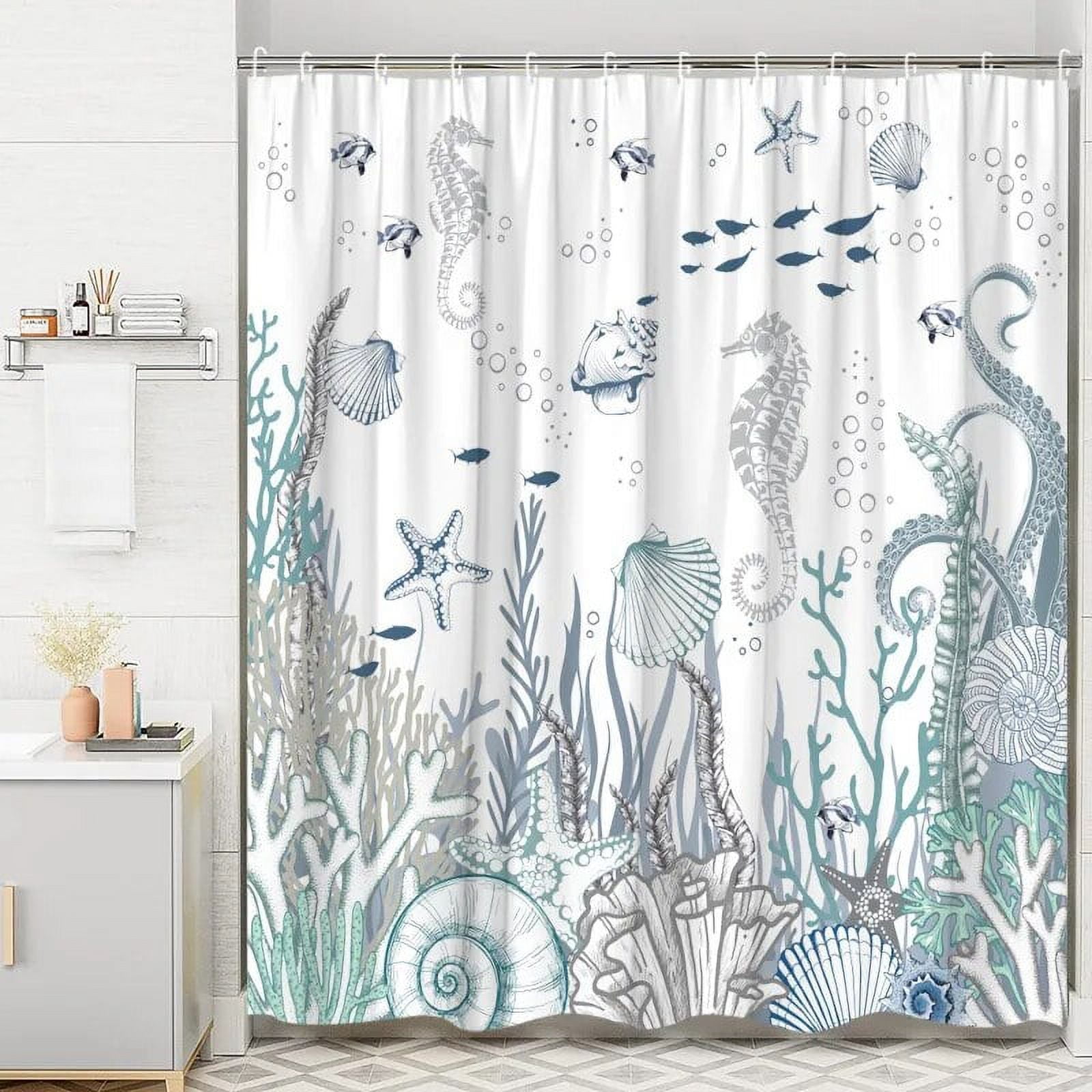 Ocean Animal Shower Curtain Undersea Sea Turtle Seahorse StarCoral Fish