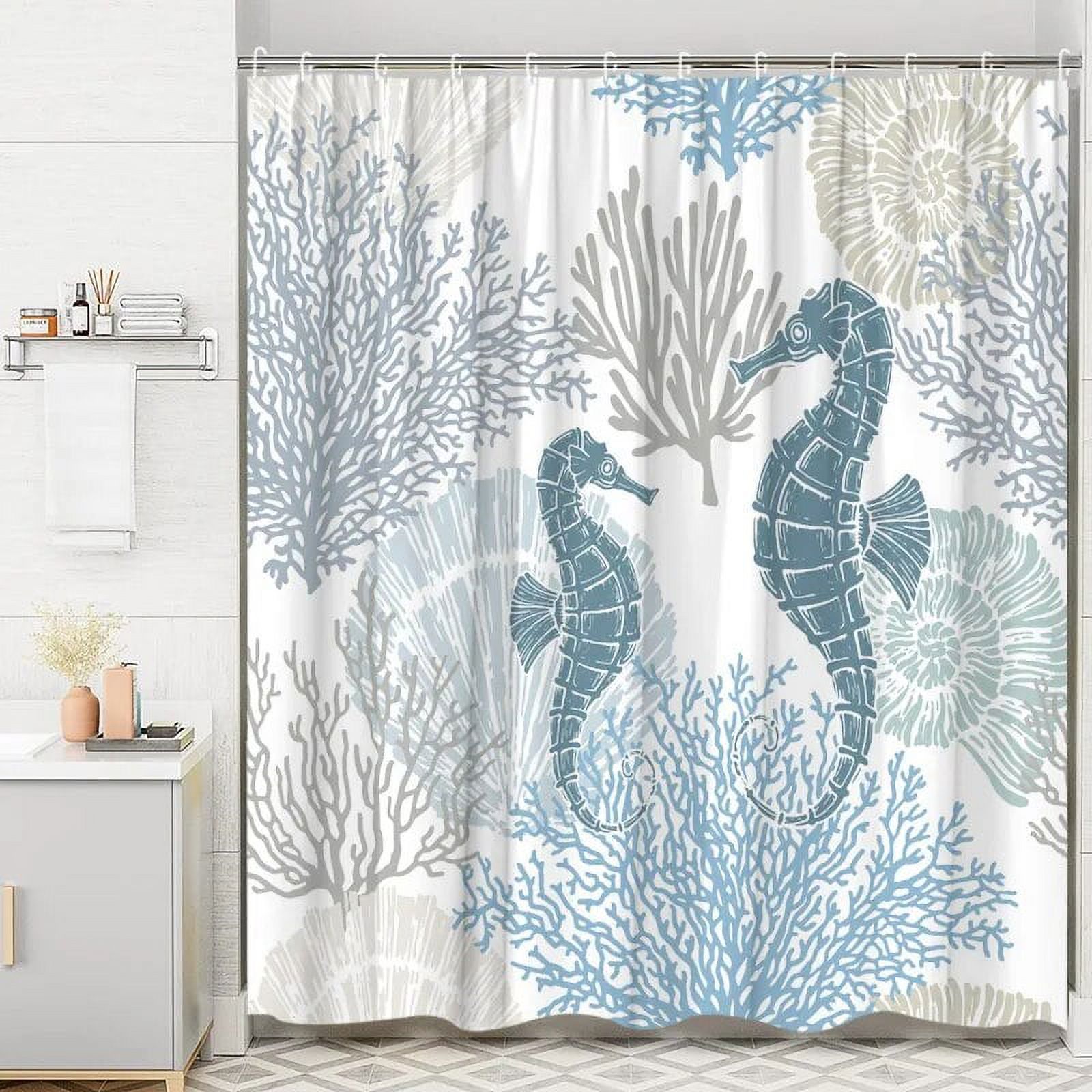 Ocean Animal Shower Curtain Undersea Sea Turtle Seahorse StarCoral Fish