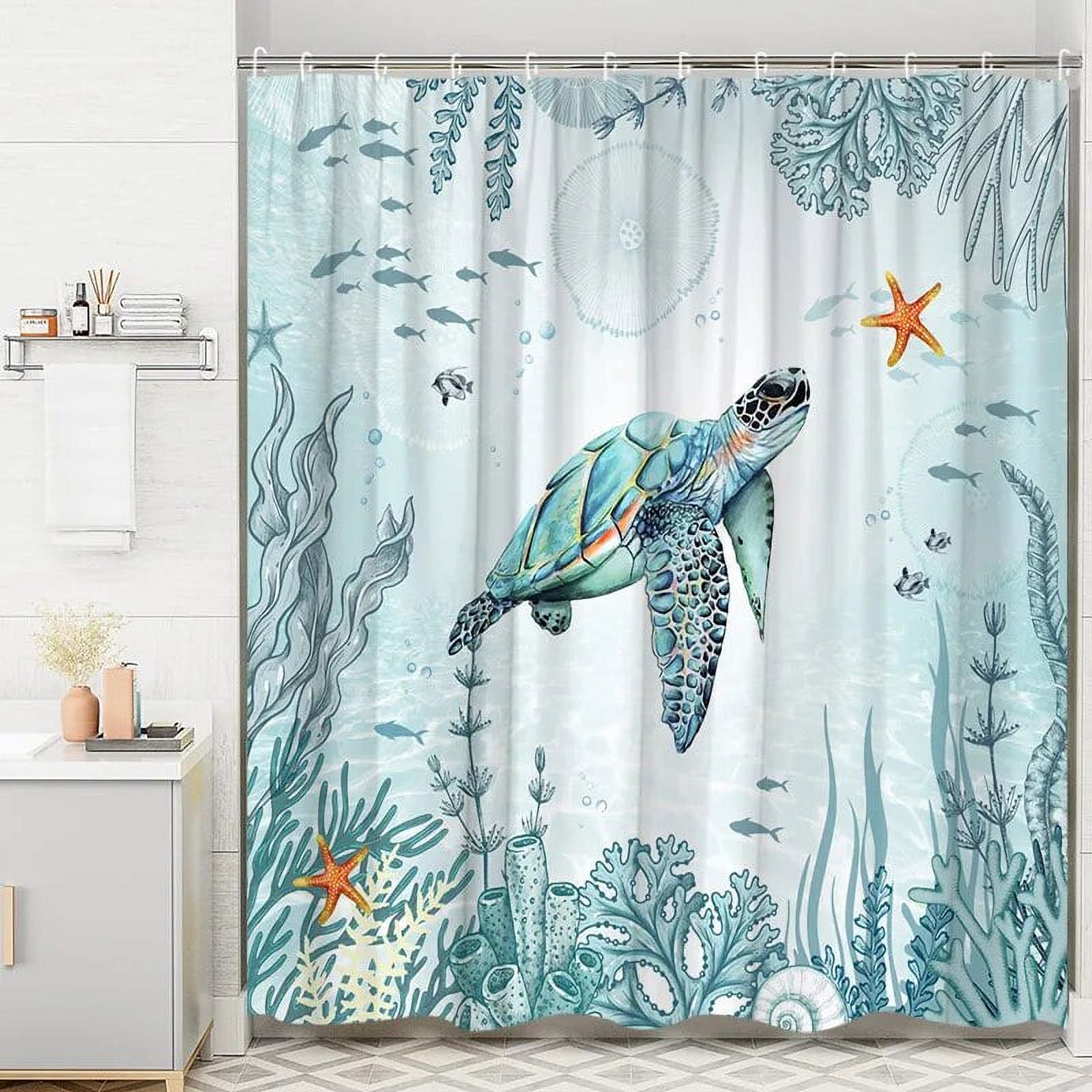 Ocean Animal Shower Curtain Undersea Sea Turtle Seahorse StarCoral Fish