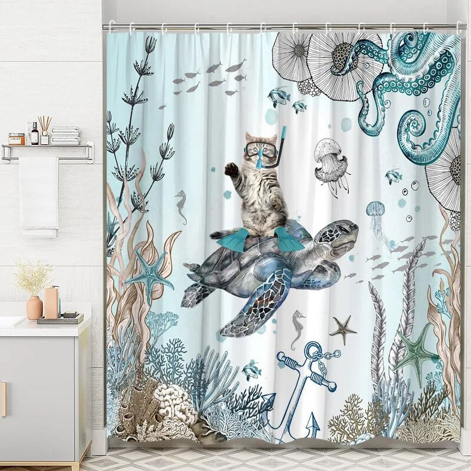 Ocean Animal Shower Curtain Undersea Sea Turtle Seahorse StarCoral Fish