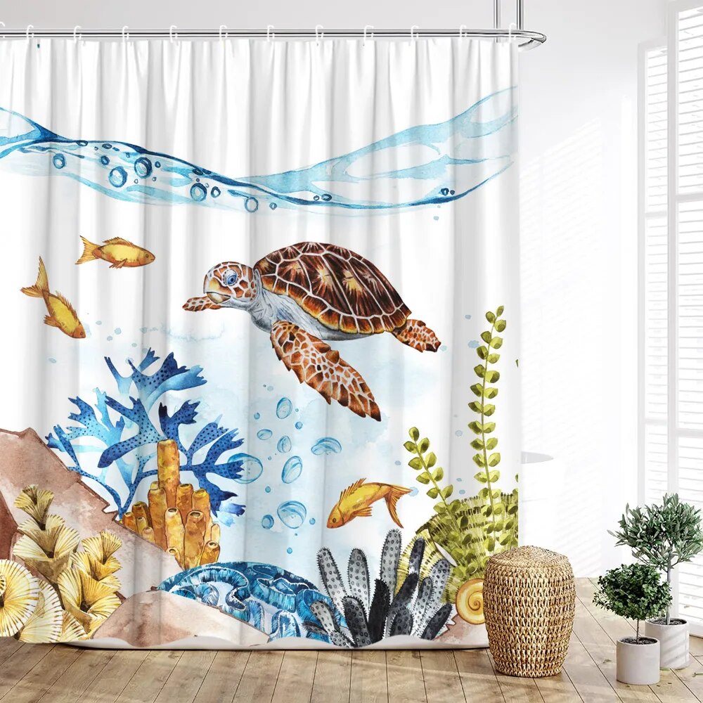 Ocean Animal Shower Curtain Underwater World Turtle Octopus Seahorse