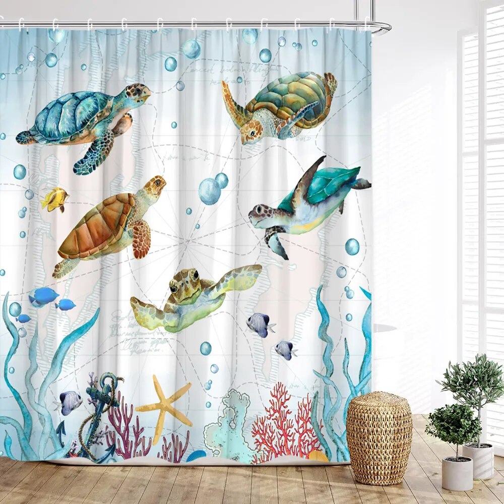 Ocean Animal Shower Curtain Underwater World Turtle Octopus StarCoral
