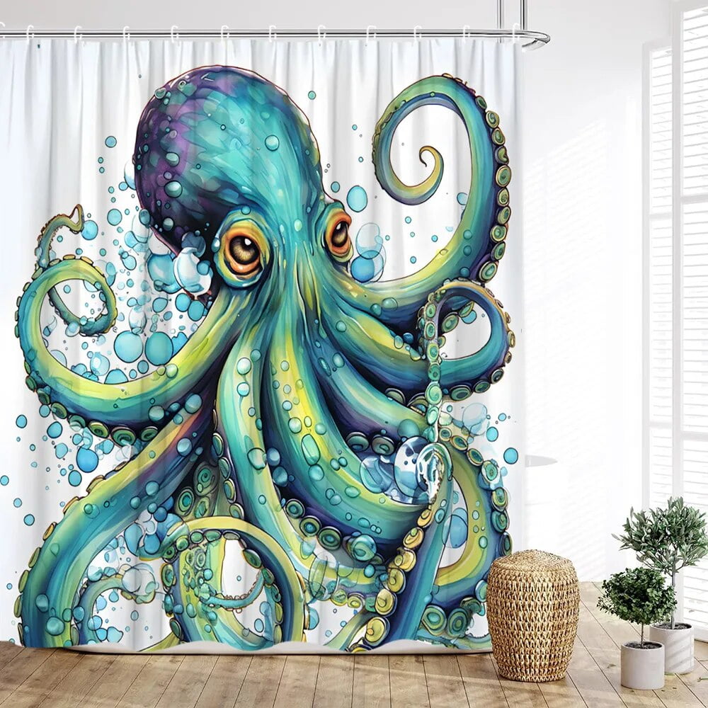 Ocean Animal Shower Curtain Underwater World Turtle Octopus StarCoral
