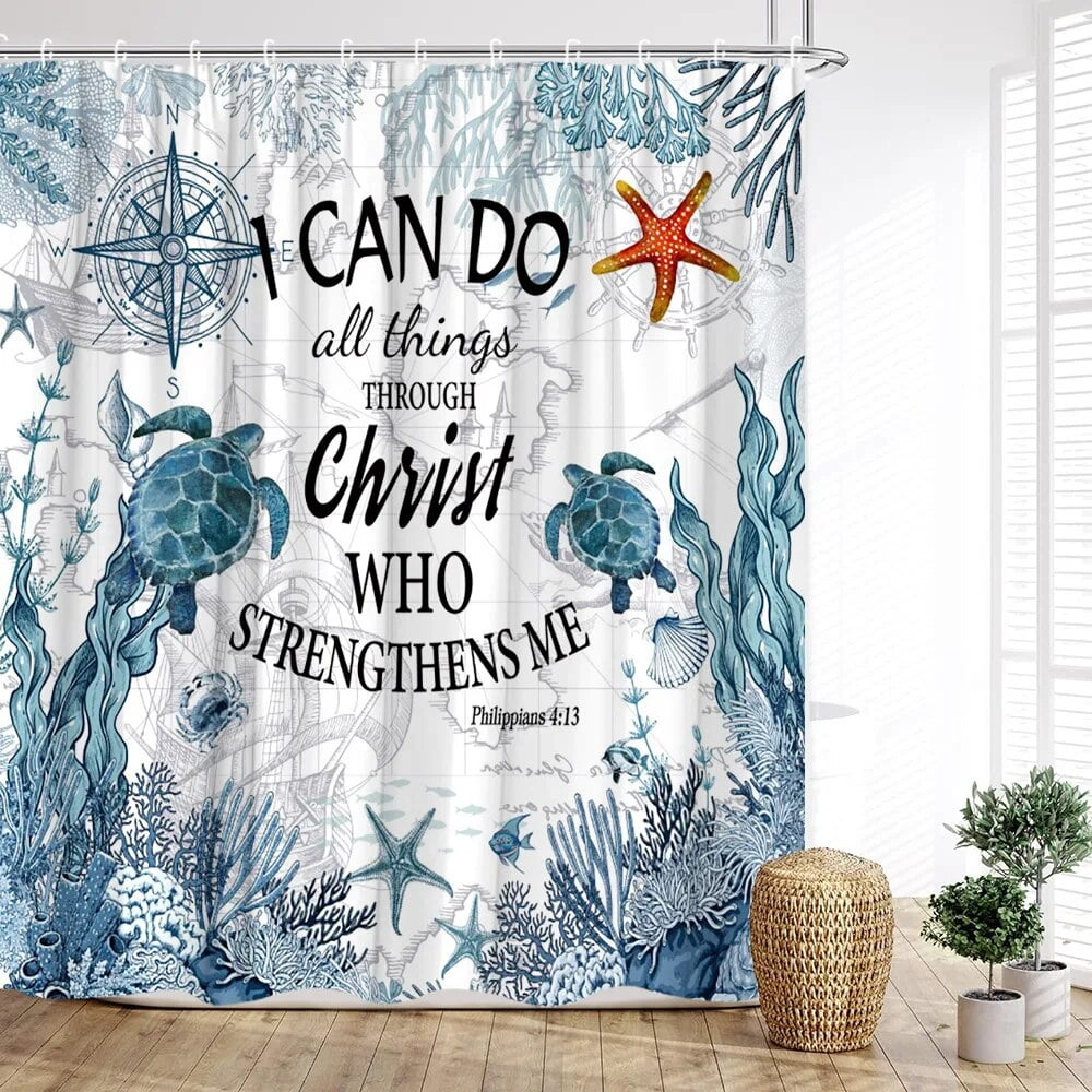 Ocean Animal Shower Curtain Underwater World Turtle Octopus StarCoral