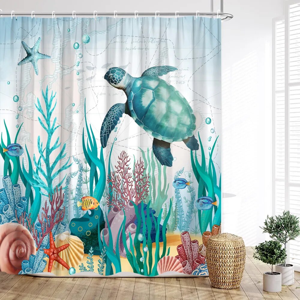 Ocean Animal Shower Curtain Underwater World Turtle Octopus StarCoral