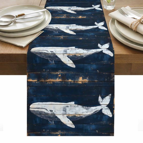 Ocean Animal Table Runner 13 x 36 Inch, Vintage Whale Watercolor Blue Wood Texture Washable Cotton Linen Dining Table Runner Tabletop Decorations for Restaurant Home Kitchen Party