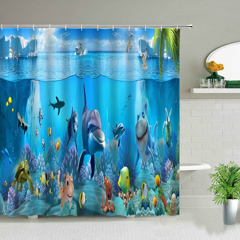 Ocean Animal Tropical Fish Dolphin Shark Shower Curtain Set Underwater
