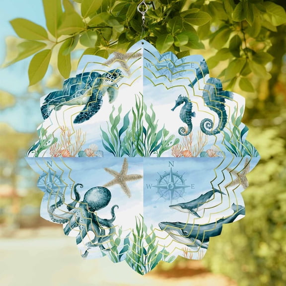 Ocean Animal Wind Spinner for Garden Yard 8In, Turtle Seahorse Octopus Whale Compass Vintage Blue Sea 3D Stainless Steel Kinetic Hanging Wind Spinners Rustproof Outdoor Decor for Lawn Patio Home
