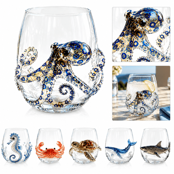 Ocean Animal Wine Glass, 3D Octopus Shark Whale Turtle Glassware, Novelty Drinking Glass for Coastal Home Decor Beach House Bar Gift