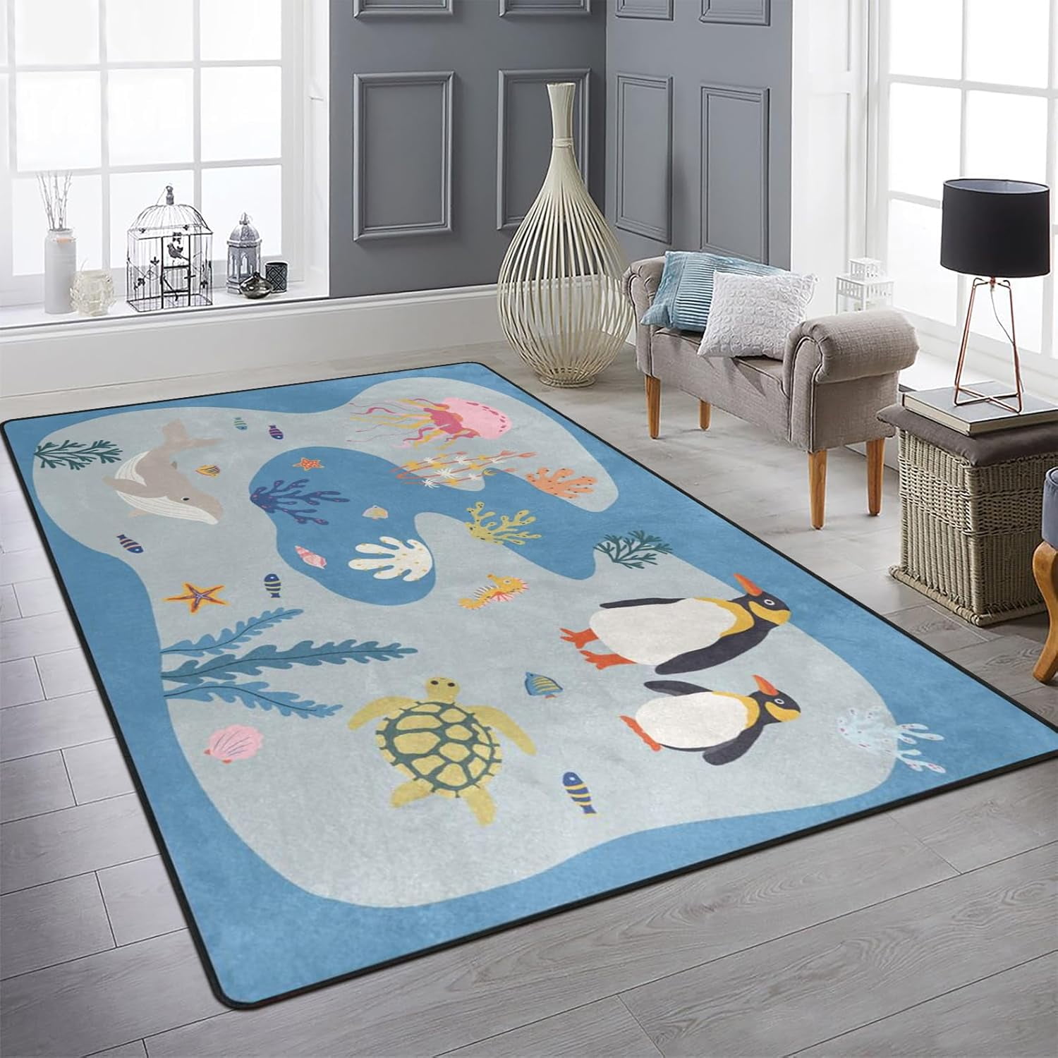 Sea Rug Animal Ocean Animals Area Rugs Blue Sea Whales Turtle Rug Ultra Soft Kids ...