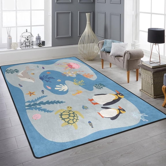 Ocean Animals Area Rugs Blue Sea Whales Turtle Rug Ultra Soft Kids Floor Playing Mat For Bedroom Living Room Baby Room 4x5ft