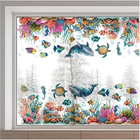 Ocean Animals Large Window Decal Marine Creature Sea Turtle Fish Coral Summer Glass Window Stickers Double Sided Window Cling Film Decoration for Stop Birds Pets Strikes Home Decor Mixed Color