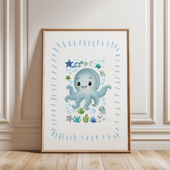Ocean Animals Nursery Wall Art Blue Octopus Print Blue Decor Room Print Baby Sea Animals Art Newborn Gifts Boys Room Decor, Unframed Paper Print