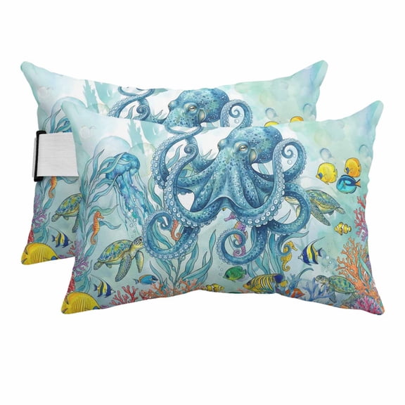 Ocean Animals Outdoor Pillows for Chaise Lounge Chair Beach Headrest Pillow Set of 2 Waterproof Lumbar Pillows with Insert&Strap Coastal Octopus Jellyfish Seaweed Coral Green Pool Pillow 12"x20"