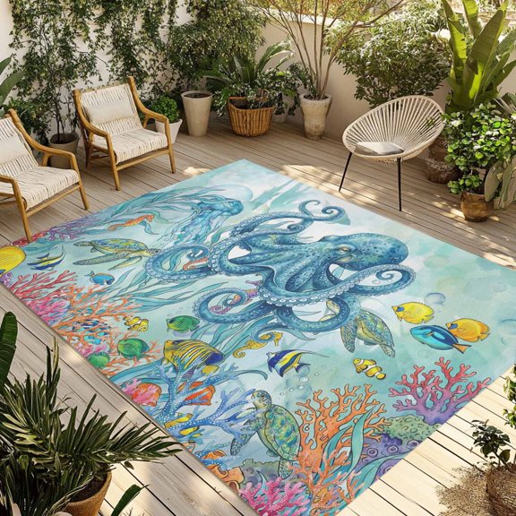 Ocean Animals Outdoor Rug for Patio/Deck/Porch, Non-Slip Large Area Rug 3 x 5 Ft, Coastal Octopus Jellyfish Seaweed Coral Green Indoor Outdoor Rugs Washable Area Rugs, Camping Rug Carpet Runner