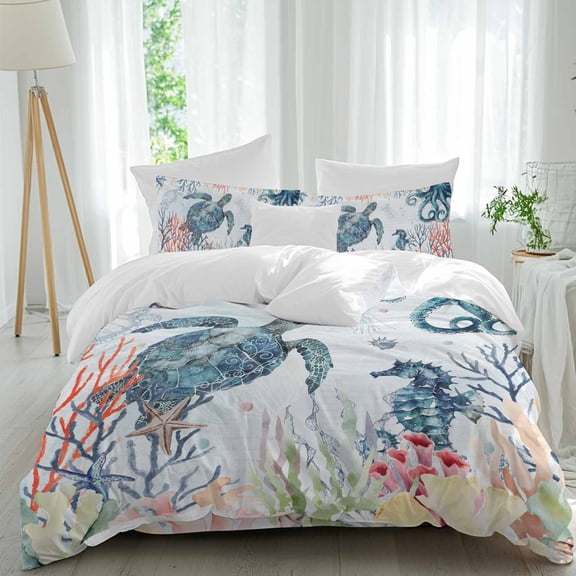 Ocean Animals Queen Size Comforter Set, Vintage Sea Turtle Sea Horse Octopus Colorful Corals Bedding for All Seasons, 4 Pcs Bed Set, 1Quiltcover (90"x92") ,1Sheet(94"x116"), 2Pillowcases (30"x20")