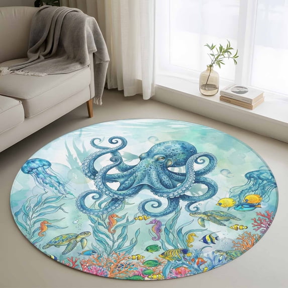 Ocean Animals Round Area Rug 3.3Ft Washable Circle Rugs for Dining Room Table, Coastal Octopus Jellyfish Seaweed Coral Green Non-Slip Carpet Floor Mats Indoor Outdoor Carpet Runner Home Decor