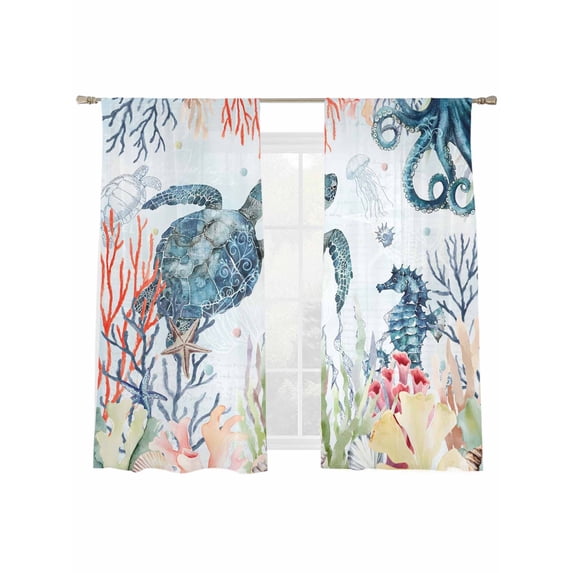 Ocean Animals Sheer Curtains 63 Inch Long 2 Panels, Vintage Watercolor Sea Turtle Sea Horse Octopus Colorful Corals Light Filtering Rod Pocket Curtains, Sheer Voile Drapes for Living Room, 52"x63"