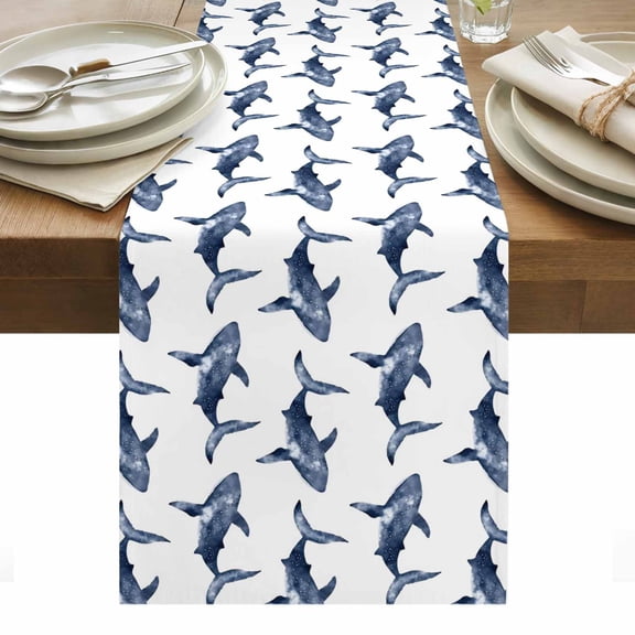 Ocean Animals Table Runner Summer Coastal Marine Whale Blue Tablerunners 13 x 36 Inch, Table Decorations Tabletop Scarf for Summer Gathering Holiday Farmhouse Kitchen Dining Decor