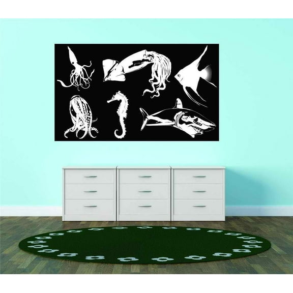 Ocean Animals Under The Sea Squid Octopus Sea Horse Shark Fish Mural Vinyl Wall Decal Peel And Sticker 20x25
