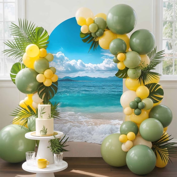 Ocean Arch Backdrop Cover, 4FT, Sea Wave Blue Sky White Cloud Beach Sandy Modern Spandex Arch Covers Double-Sided Backdrop for Wedding Birthday Party Photo Background Decoration