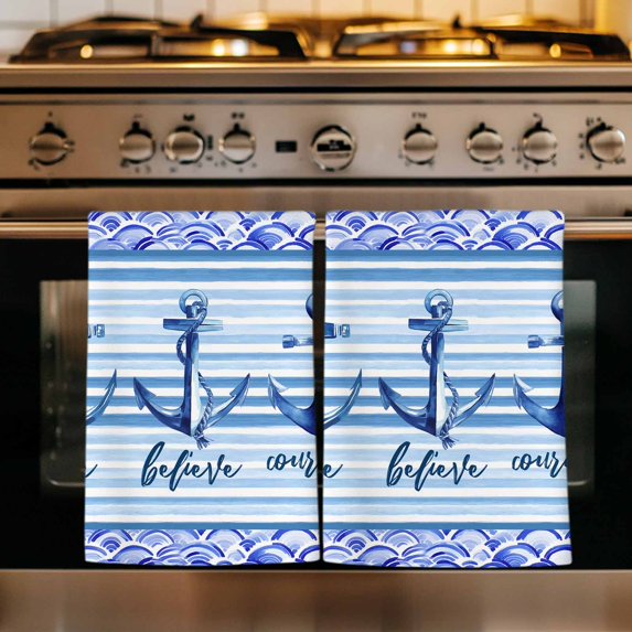 Ocean Archor Kitchen Towels Set of 4, Summer Rustic Nautical Coastal Beach Blue Stripes Absorbent Dish Towels for Kitchen, Microfiber Hand Towel, Quick Drying Tea Towel for Cleaning Dishcloths
