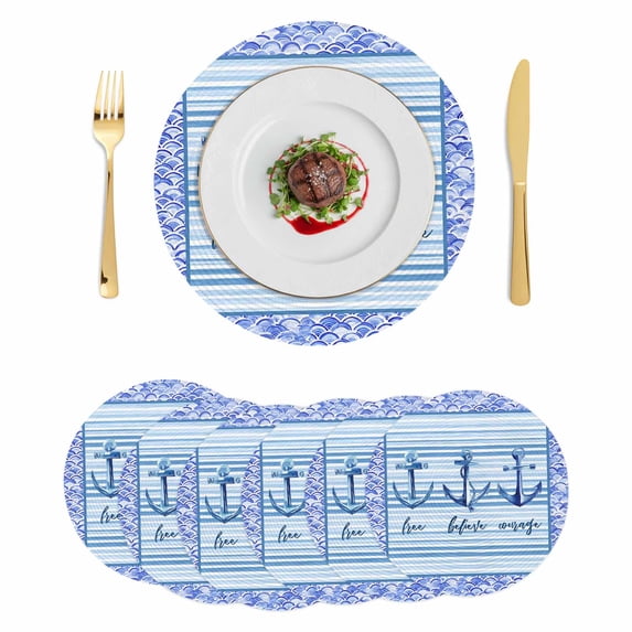 Ocean Archor Round 13 Inch Placemats Set of 6, Summer Rustic Nautical Coastal Beach Blue Stripes HeatResistant Non Slip Place Mats for Dining Table, Wipeable Kitchen Table Mats for Housewarming