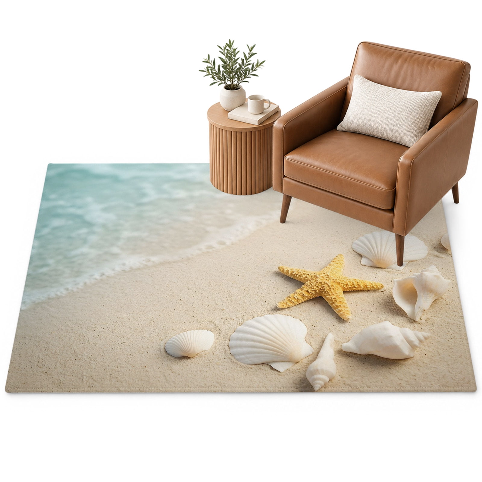 Ocean Area Rug 2.7'x5', Summer Beach Teal Sea Wave Starfish Seashells ...