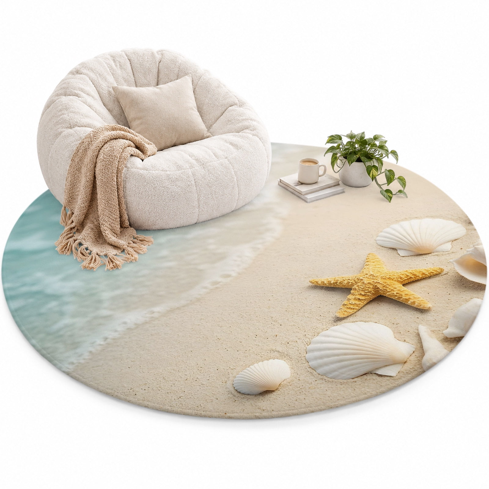 Ocean Area Rug 6', Summer Beach Teal Sea Wave Starfish Seashells Beige ...