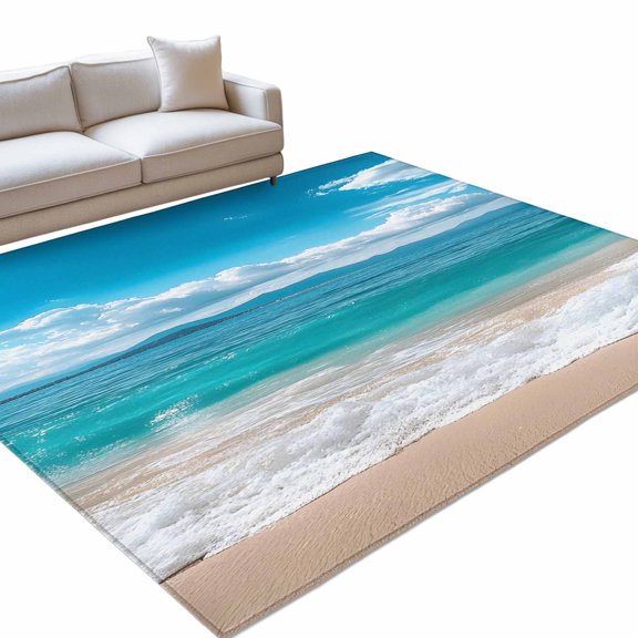 Ocean Area Rugs 8x10ft Sea Wave Blue Sky White Cloud Beach Sandy Modern Floor Rug Non Slip Low Pile Ultra Soft Throw Carpet for Entryway Indoor Entrance Kitchen Bathroom