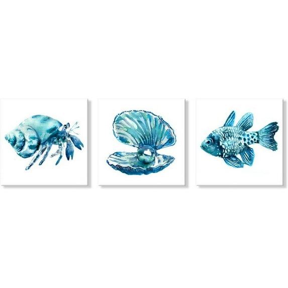 -Ocean Art Prints Tropical Wall Art Wall Blue Fish Blue Shells Hermit Crabs for Bathroom Kitchen Decoration 16x16Inchx3 pcs