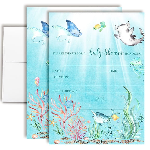 Ocean Baby Shower Invitations, 20 Fill-In Cards with Envelopes, 5x7 Baby Shower Invites & Supplies, New Baby Celebration Cards, Made in USA by Amanda Creation