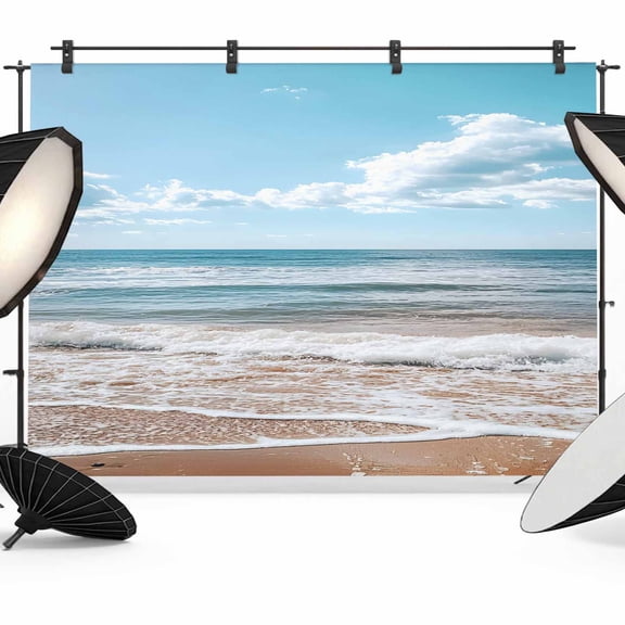 Ocean Backdrop for Photography,Fabric Photo Background Backdrop,Summer Sandy Beach Blue Sky Coastal Waves Photo Booth Background for Portrait Photoshoot Video Wedding Studio Decoration Banner 10x8ft