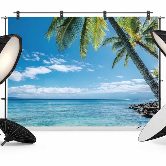 Ocean Backdrop for Photoshoot, Photography Photo Studio Background Wall Backdrop, Summer Palm Trees Blue Sky Beach Scenery Back Drop Banner Panel for Portraits Wedding Live Streaming Decor 7x5Ft