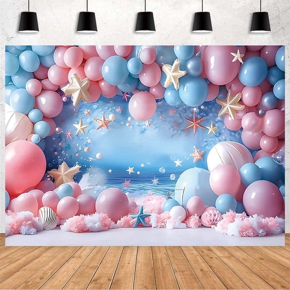 Ocean Balloons Stars Backdrop for Girl Birthday Party Decor Pearls Starfish Shell Ocean Baby Shower Photography Background Cake Smash Decorations Banner Photo Booth Props