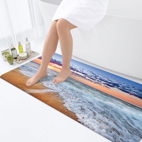 Ocean Bathroom Rugs, Sand Beach Waves Sunrise Lanikai Theme Colorful Offshore Pacific Scenry Non-Slip Bath Rugs, Bathroom Rug Mat 17X48inch, Extra Soft and Absorbent Bath Rugs