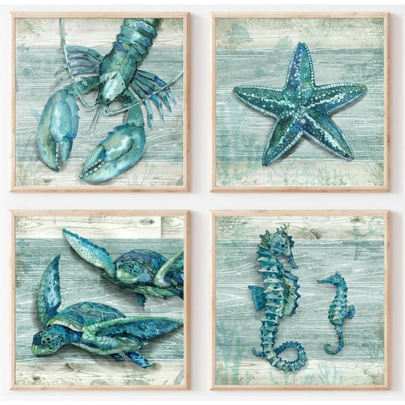 Ocean Bathroom Wall Art Beach Sea Turtle Octopus Wall Decors Sea Animals Nautical Canvas Pictures Watercolor Beach Themed Bathroom Bedroom Painting Posters Blue Ocean Artwork Prints Unframed