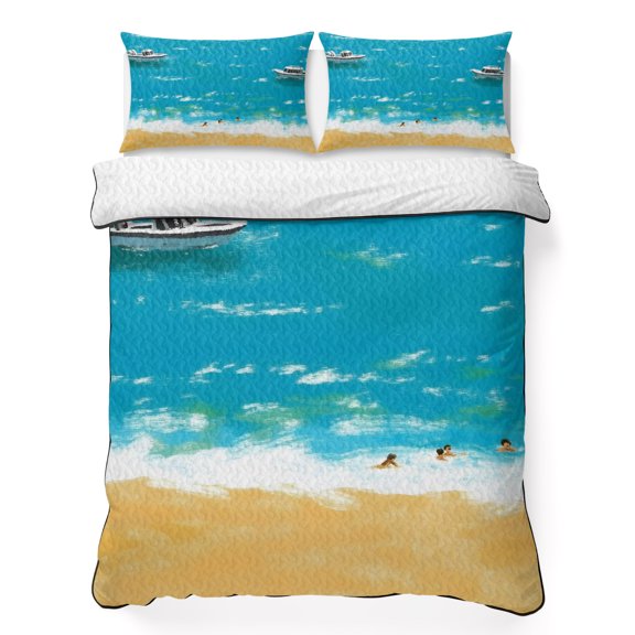 Ocean Beach 3 Piece Quilt Bedding Set with 2 Pillow Shams, Watercolor Summer Cruise Ship Swimmers Lightweight Bedspread Coverlet, Soft Breathable All Season Quilt, 68 x 98 Inch