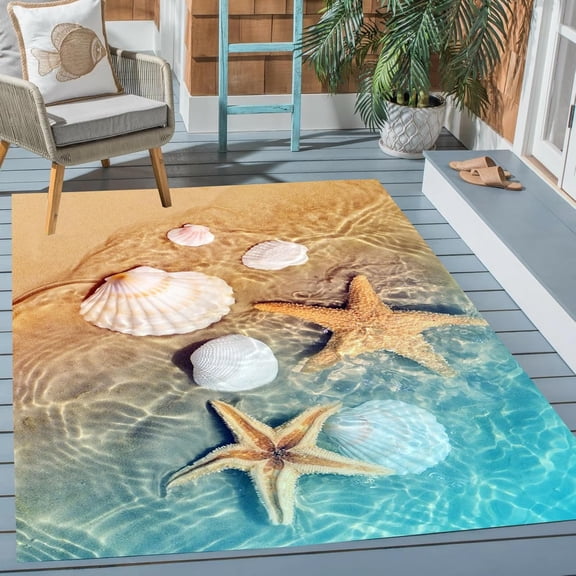 Ocean Beach 3D Starfish Pattern Area Rug, Coastal Indoor Outdoor Design Carpet, Non Slip Waterproof Durable, Living Room Bedroom Patio Deck Balcony Mat 5x7ft