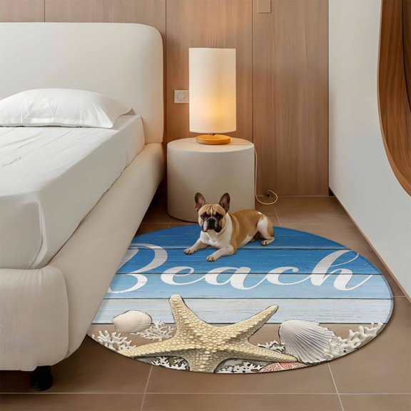 Ocean Beach 3ft Round Rug for Bathroom Accent Bedside Corner, Starfish Shell Coral Blue Brown Ombre Wood Grain Washable Non Slip Circle Area Rug for Small Spaces