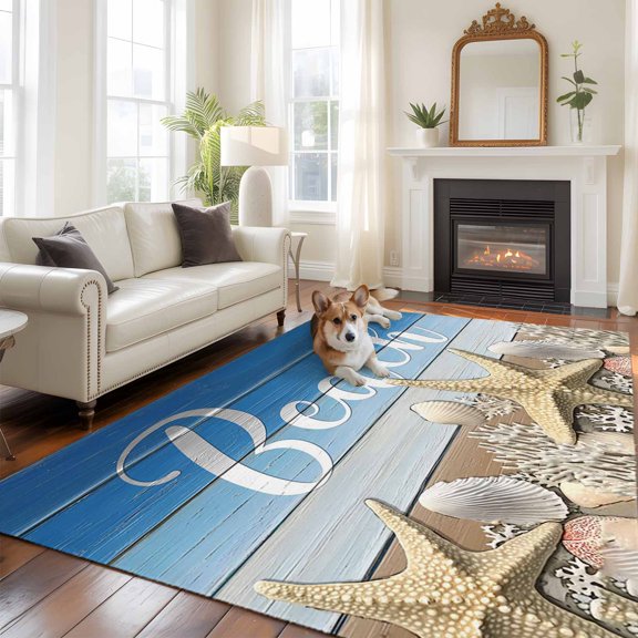 Ocean Beach 5x8 Rug for Bedroom Under Queen Bed Placement, Starfish Shell Coral Blue Brown Ombre Wood Grain Washable Non Slip Large Rectangle Area Rug
