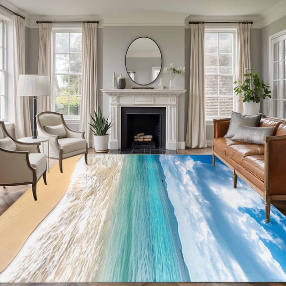 Ocean Beach 6'x9' Area Rug for Living Room, Blue Sky Waves Sand Horizon Shore Summer Non-Slip Floor Mat Rugs for Bedroom Dining Room, Indoor Large Carpet for Classroom, Nursery Rugs for Playroom