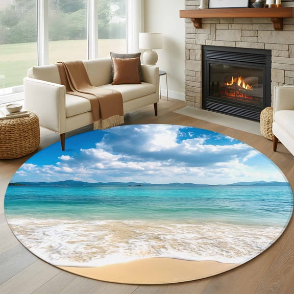 Ocean Beach 8' Round Area Rug, Blue Sky Waves Sand Horizon Shore Summer Washable Non-Slip Large Circle Rugs for Living Room Bedroom, Soft Low Pile Rug Carpet for Dining Room Kitchen Farmhouse