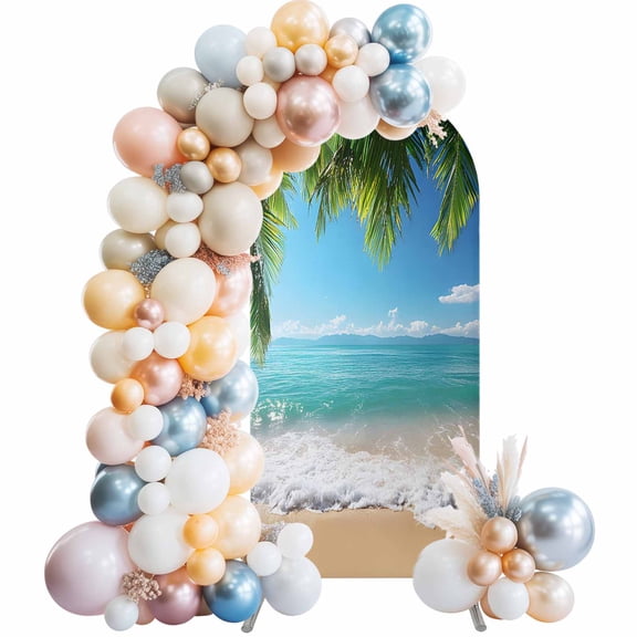 Ocean Beach Arch Backdrop Cover 4x1.65 Ft, Spandex Wedding Arch Stand Cover, Palm Trees Summer Tropical Island Seaside Round Top Stretch Fitted Background Covers for Birthday Ceremony Party Decor