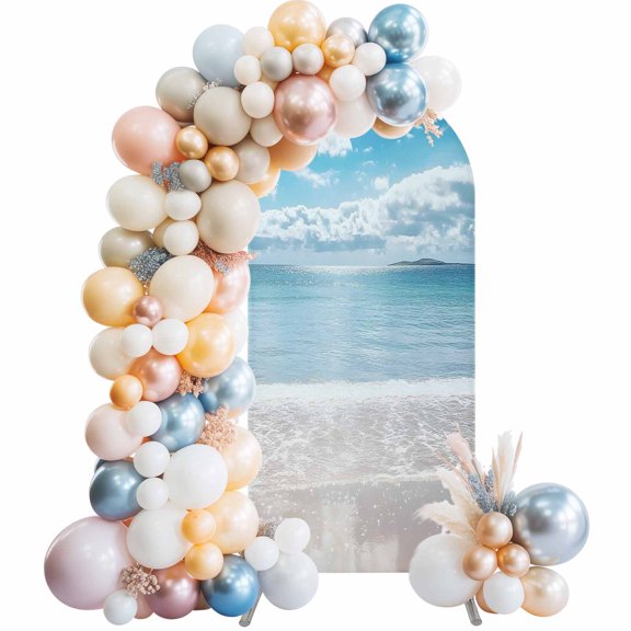 Ocean Beach Arch Backdrop Cover 7.2x4 Ft, Spandex Wedding Arch Stand Cover, Natural Blue Sea Waves Sky Cloudy Scenery Round Top Stretch Fitted Background Covers for Birthday Ceremony Party Decor