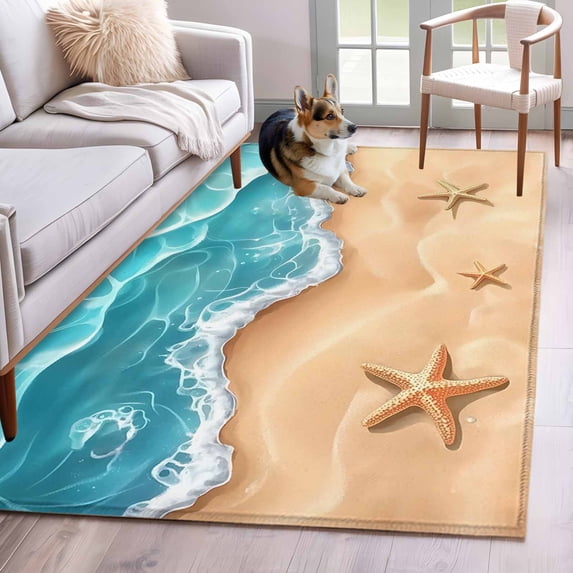 Ocean Beach Area Rug 4x6 FT, Non Slip Kids Room Carpet, Starfish Sea Waves Coastal Seaside Sand Washable Soft Floor Carpet Non-Shedding Throw Rug for Dorm Kitchen Study Room Home Office Bedside