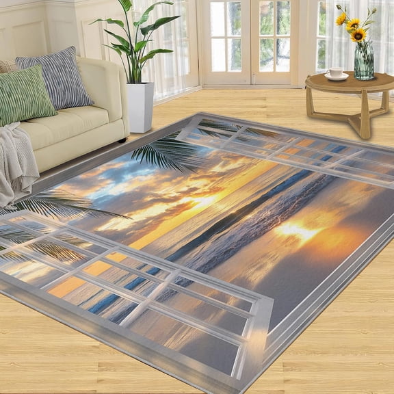 Ocean Beach Area Rug, Tropical Coastal Washable Rug, Non Slip Low Pile Carpet for Living Room Bedroom Home Decor 2x3ft